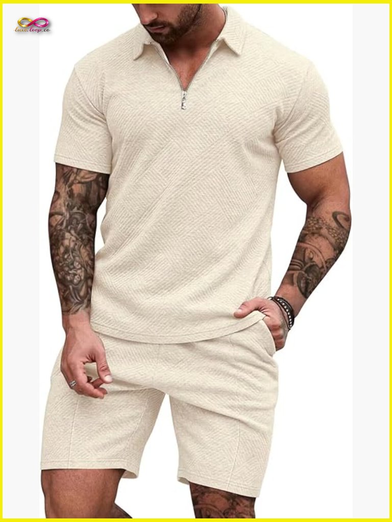 Men's Polo Shirt And Shorts Set Zipper 2 Piece Outfits Casual Athleisure Summer